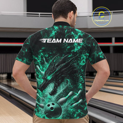 Custom Black And Green Flame Dragon Bowling Men Quarter-Zip Shirt, Dragon Bowling League Shirt IPHW10280