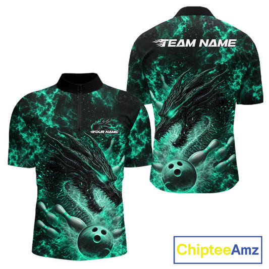 Custom Black And Green Flame Dragon Bowling Men Quarter-Zip Shirt, Dragon Bowling League Shirt IPHW10280