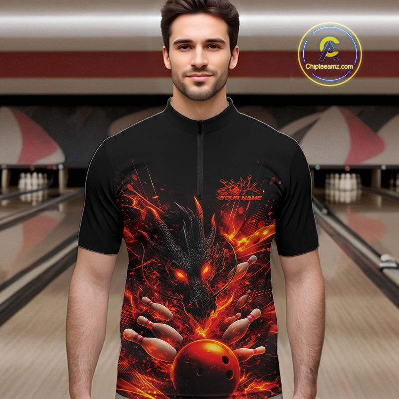 Custom Red Fire Flame Dragon Bowling Jerseys. Dragon Bowling Men Quarter-Zip Shirt IPHW10281