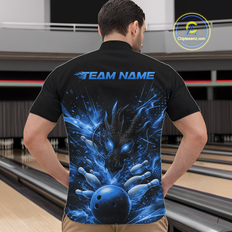 Custom Blue Fire Flame Dragon Bowling Jerseys. Dragon Bowling Men Quarter-Zip Shirt IPHW10282