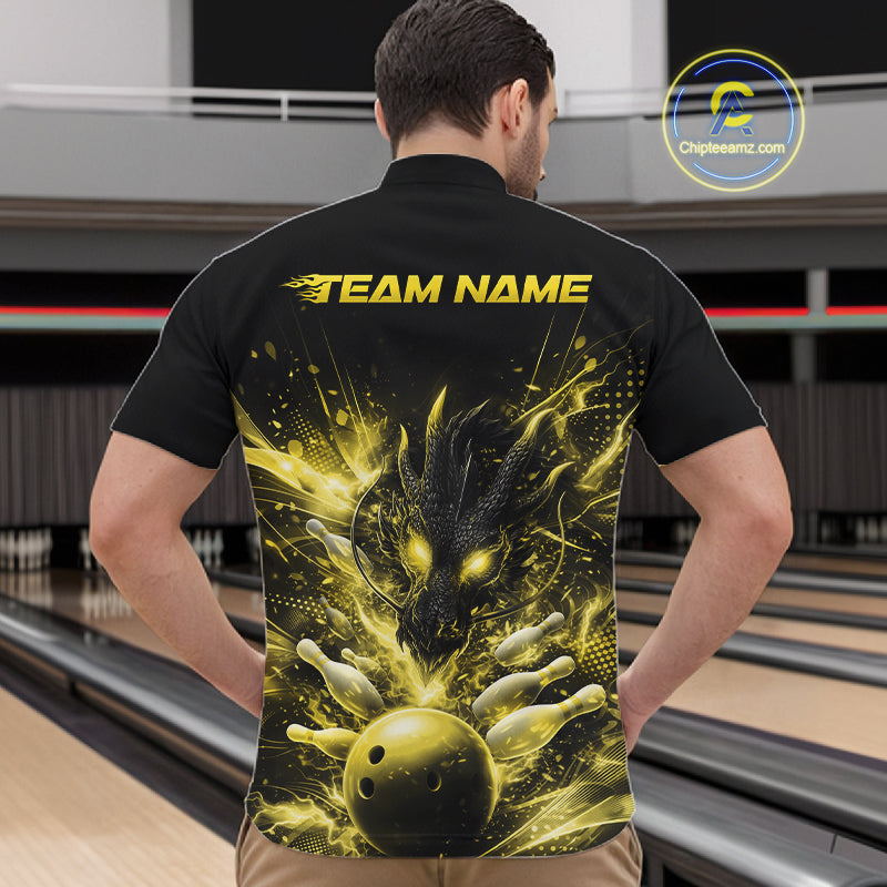 Custom Yellow Fire Flame Dragon Bowling Jerseys. Dragon Bowling Men Quarter-Zip Shirt IPHW10283