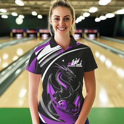 Custom Black And Purple Dragon Bowling Jerseys, Dragon Bowling Team Polo Shirts For Women IPHW8650