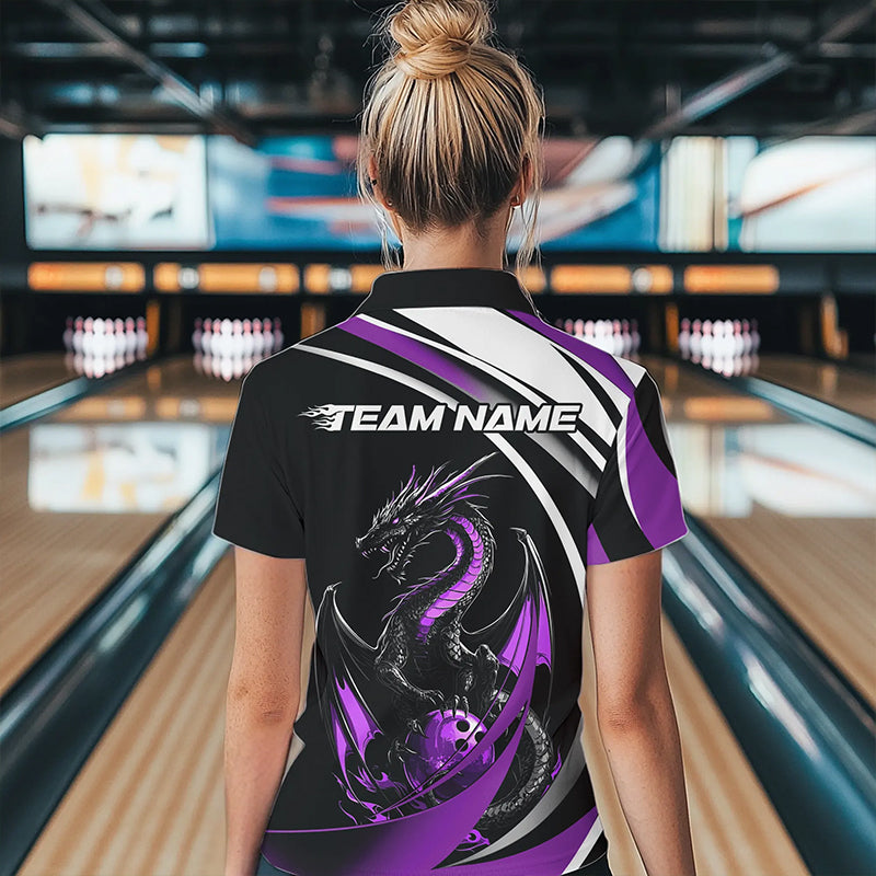 Custom Black And Purple Dragon Bowling Jerseys, Dragon Bowling Team Polo Shirts For Women IPHW8650