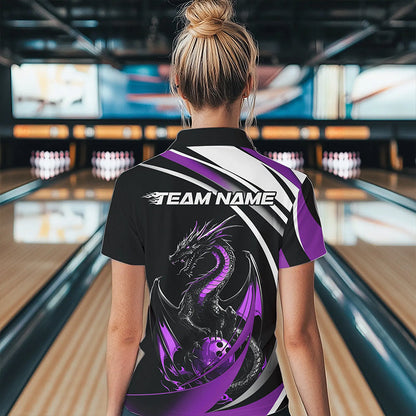 Custom Black And Purple Dragon Bowling Jerseys, Dragon Bowling Team Polo Shirts For Women IPHW8650