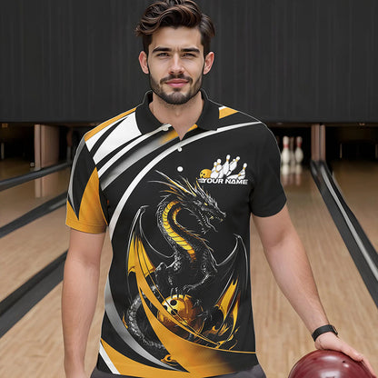 Custom Black And Gold Dragon Bowling Jerseys, Dragon Bowling Team Polo Shirts For Men IPHW8651