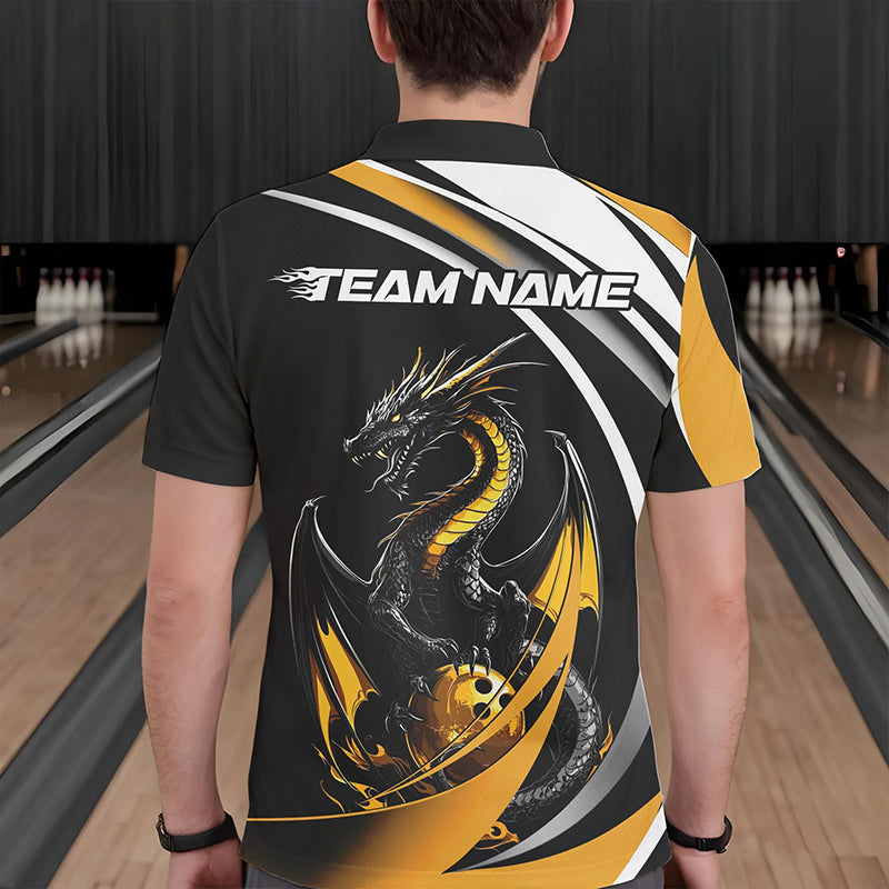 Custom Black And Gold Dragon Bowling Jerseys, Dragon Bowling Team Polo Shirts For Men IPHW8651