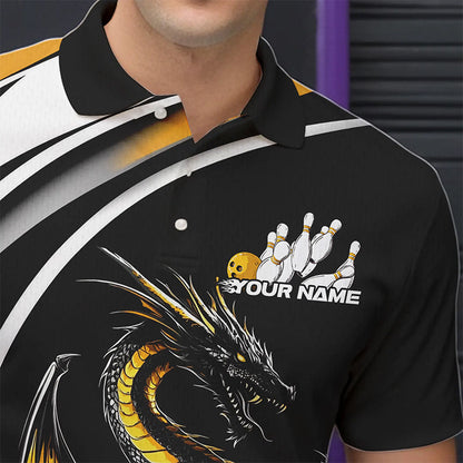 Custom Black And Gold Dragon Bowling Jerseys, Dragon Bowling Team Polo Shirts For Men IPHW8651