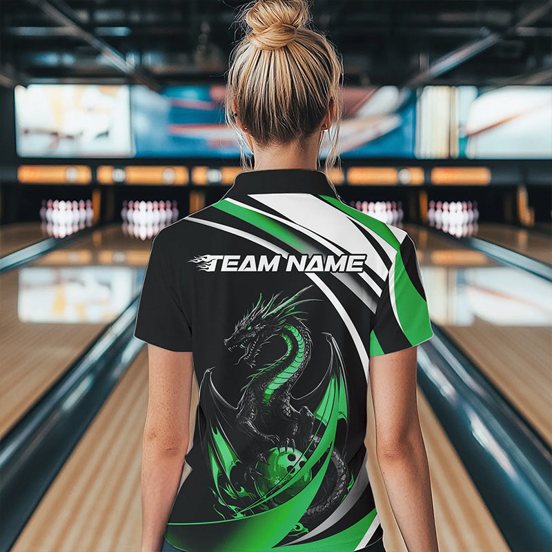 Custom Black And Green Dragon Bowling Jerseys, Dragon Bowling Team Polo Shirts For Women IPHW8652