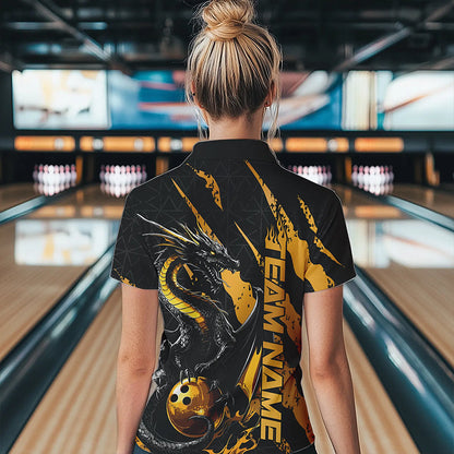 Custom Black And Gold Dragon Bowling Team Womens Quarter-Zip Shirts, Dragon Bowling Jerseys IPHW8923