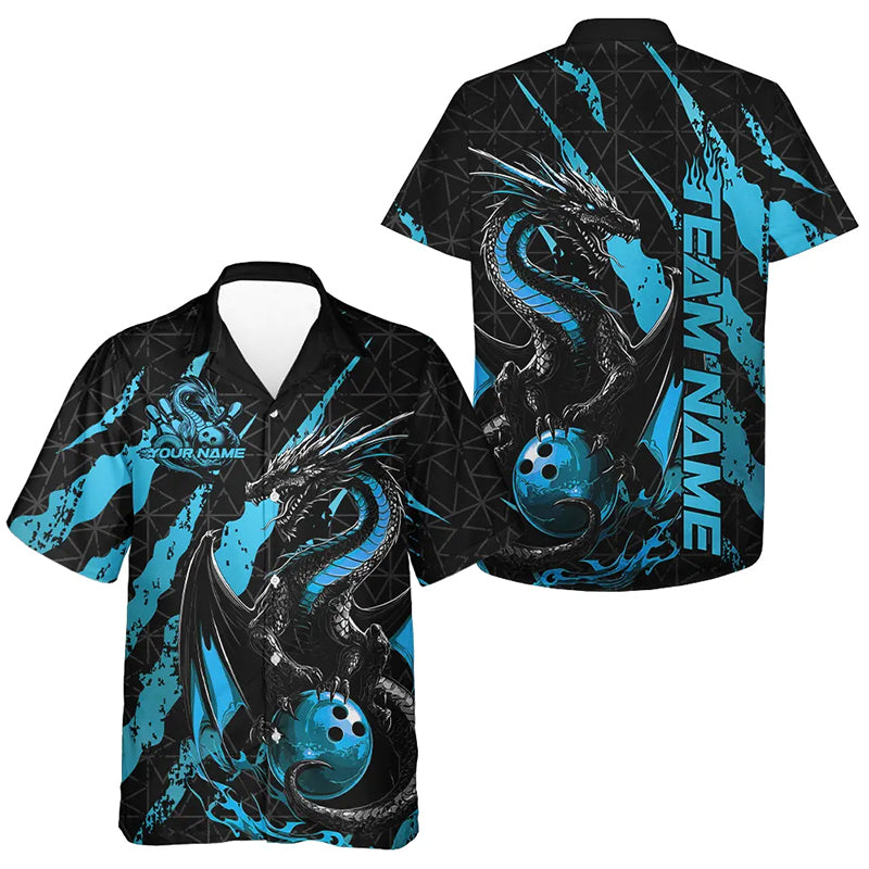 Custom Black And Blue Dragon Bowling Team Hawaiian Shirts For Men And Women, Dragon Bowling Jerseys IPHW8925