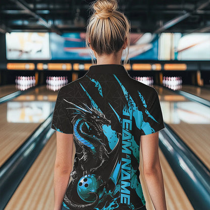 Custom Black And Blue Dragon Bowling Team Polo Shirts For Women, Dragon Bowling Jerseys IPHW8925