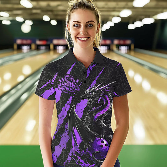 Custom Black And Purple Dragon Bowling Team Polo Shirts For Women, Dragon Bowling Jerseys IPHW8926
