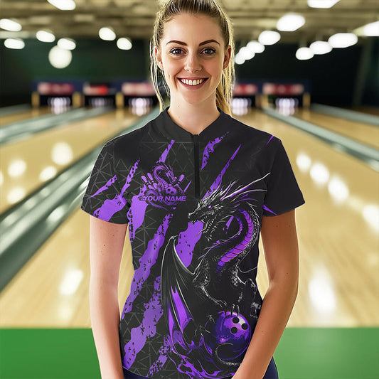 Custom Black And Purple Dragon Bowling Team Womens Quarter-Zip Shirt, Dragon Bowling Jersey IPHW8926