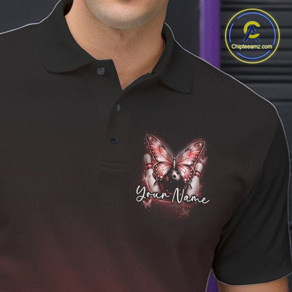 Close-up of the left chest on a red bowling polo shirt featuring glowing butterfly artwork with bowling-inspired cosmic details.