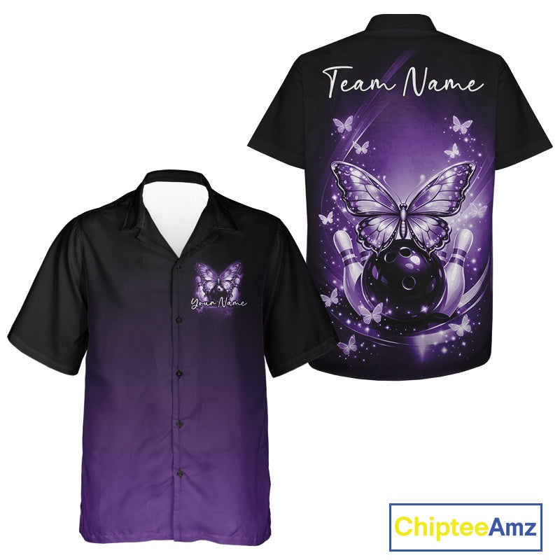 Front and back views of a purple button-up bowling shirt featuring glowing butterfly artwork surrounding a bowling ball and fallen pins.