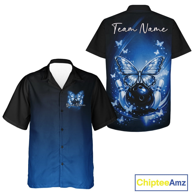 Front and back views of a blue button-up bowling shirt with glowing butterflies, a bowling ball, fallen pins, and cosmic-themed graphics.