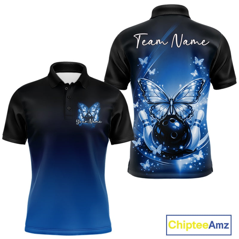 Front and back mockup of a blue men’s bowling polo shirt featuring glowing butterflies on a bowling ball, fallen bowling pins, and cosmic-themed artwork.