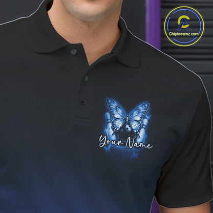 Close-up left chest view of a blue bowling polo shirt featuring glowing butterflies on a bowling ball with fallen bowling pins.