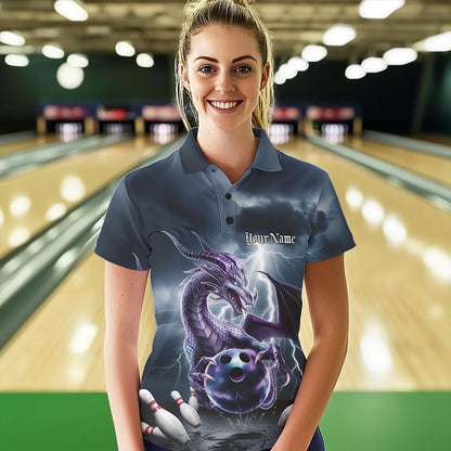 Custom Thunder Lightning Purple Dragon Bowling Polo Shirts For Women, Bowling Team Uniform IPHW8676