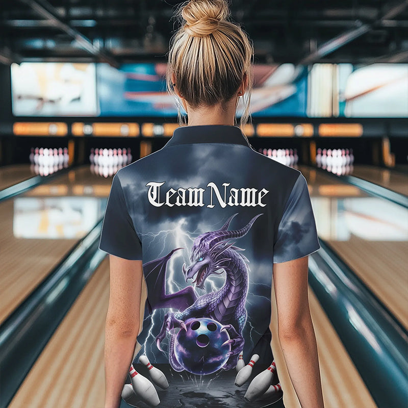 Custom Thunder Lightning Purple Dragon Bowling Polo Shirts For Women, Bowling Team Uniform IPHW8676