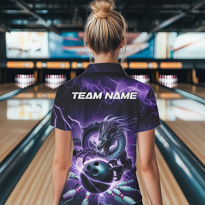 Custom Black And Purple Thunder Lightning Dragon Bowling Polo Shirt For Women, Team Uniform IPHW8679