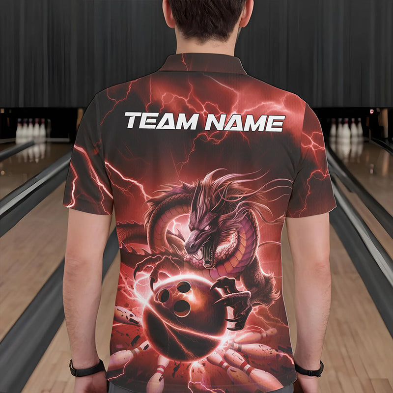 Custom Black And Red Thunder Lightning Dragon Bowling Polo Shirts For Men, Team Uniform IPHW8681