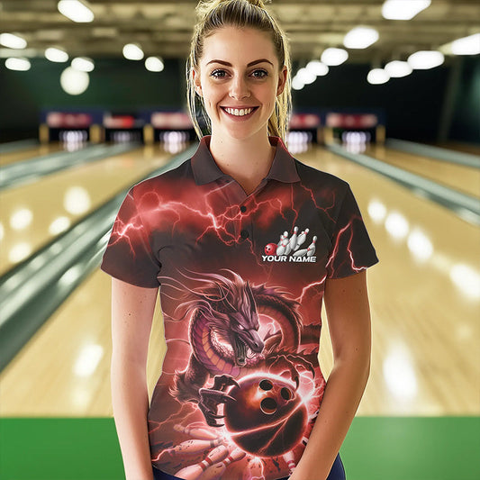 Custom Black And Red Thunder Lightning Dragon Bowling Polo Shirts For Women, Team Uniform IPHW8681