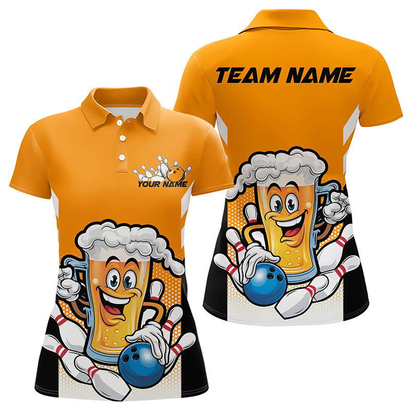 Custom Funny Beer Bowling Polo Shirts For Women, Yellow Bowling Team Bowling League Shirt IPHW8930
