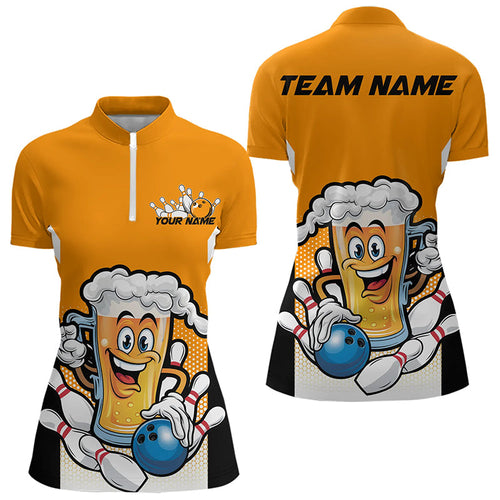 Custom Funny Beer Bowling Quarter-Zip Shirts For Women, Yellow Bowling Team League Shirt IPHW8930