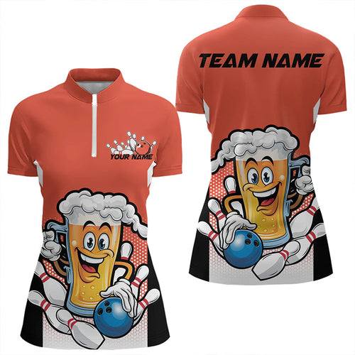 Custom Funny Beer Bowling Quarter-Zip Shirts For Women, Orange Bowling Team League Shirt IPHW8931