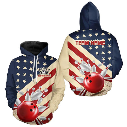 Custom Vintage US Flag Bowling Team Hoodie Shirt For Men And Women, Retro Patriotic Bowling Jerseys IPHW6515