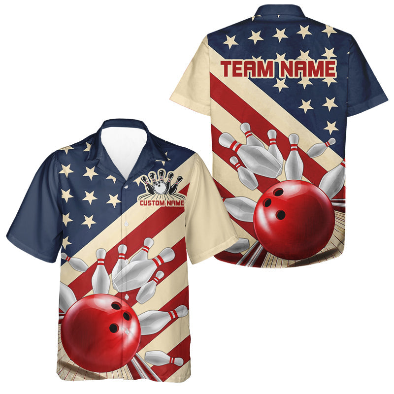 Custom Vintage US Flag Bowling Team Hawaiian Shirt For Kid, Retro Patriotic Bowling Jerseys IPHW6515