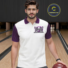 Load image into Gallery viewer, A man stands in a bowling alley wearing a bowling shirt with polo collar, purple skull-themed bowling graphic with black wings, pins, bowling ball