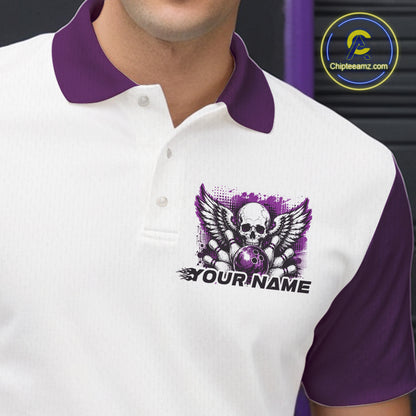 Close of a white mens bowling shirt with polo collar, purple skull-themed bowling graphic with black wings, pins, bowling ball