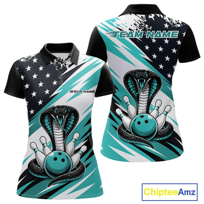 Front and back views of a black, white, and blue thin line american flag bowling women polo shirt with cobra artwork, bowling pins, an blue ball, and customizable name text.