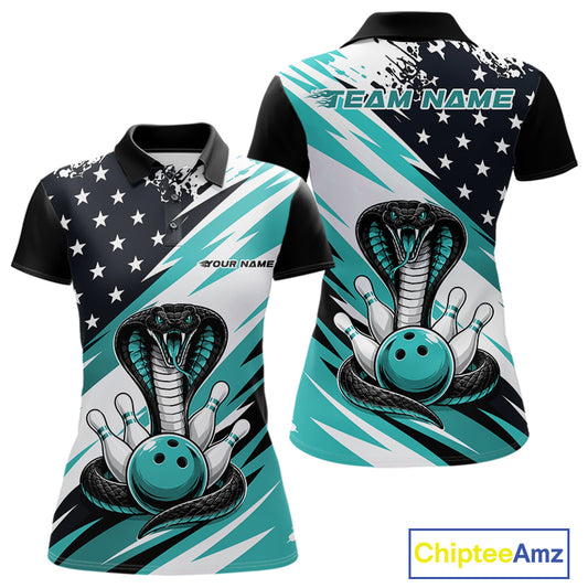 Front and back views of a black, white, and blue thin line american flag bowling women polo shirt with cobra artwork, bowling pins, an blue ball, and customizable name text.