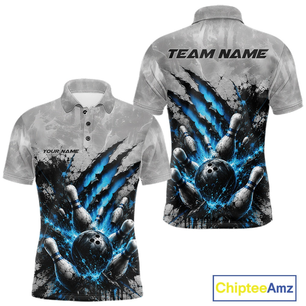 Front and back view of a men's bowling polo shirt mockup showcasing a dramatic blue bowling ball and pins graphic accented by claw-mark artwork on a gray shirt.