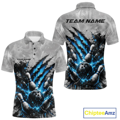 Front and back view of a men's bowling polo shirt mockup showcasing a dramatic blue bowling ball and pins graphic accented by claw-mark artwork on a gray shirt.