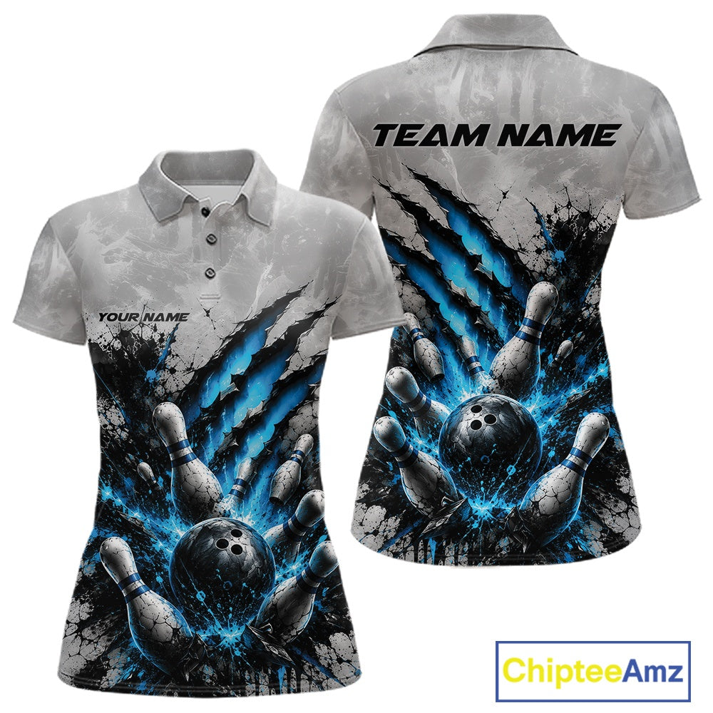 Front and back view of a women's bowling polo shirt mockup featuring a dramatic blue bowling ball and pins graphic with bold claw-mark artwork on a gray shirt.