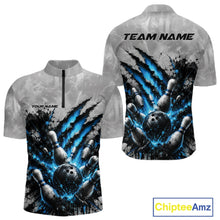 Load image into Gallery viewer, Front and back view of a men's bowling quarter zip shirt mockup showcasing a dramatic blue bowling ball and pins graphic with claw-mark artwork on a gray shirt.