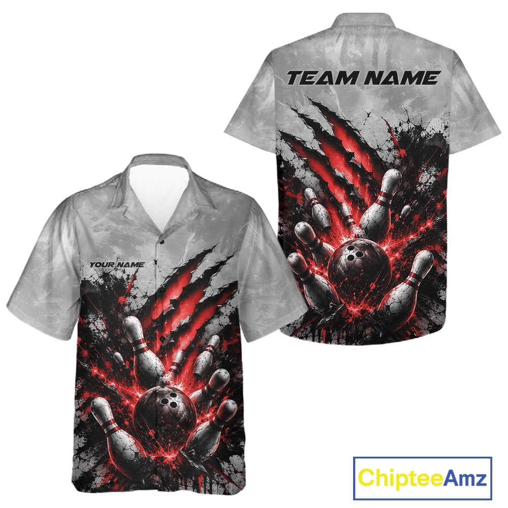 Front and back view of a button-up bowling shirt mockup featuring a dramatic red bowling ball and pins graphic accented by claw-mark artwork on a gray shirt.