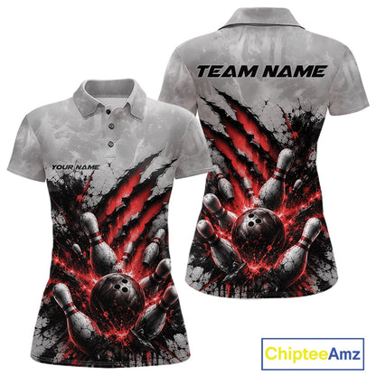 Front and back view of a women's bowling polo shirt mockup featuring a dramatic red bowling ball and pins graphic with claw-mark artwork on a gray shirt.