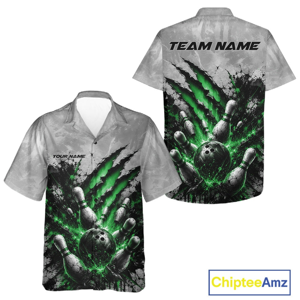 Front and back view of a button-up bowling shirt mockup featuring a dramatic green bowling ball and pins graphic with claw-mark artwork on a gray shirt.