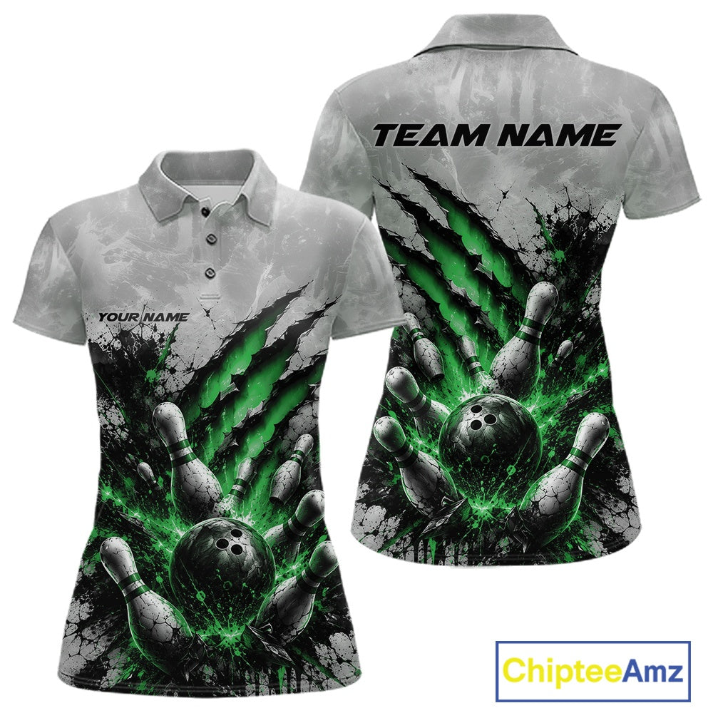 Front and back view of a women's bowling polo shirt mockup featuring a dramatic green bowling ball and pins graphic with claw-mark artwork on a gray shirt.