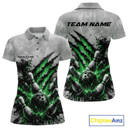 Front and back view of a women's bowling polo shirt mockup featuring a dramatic green bowling ball and pins graphic with claw-mark artwork on a gray shirt.