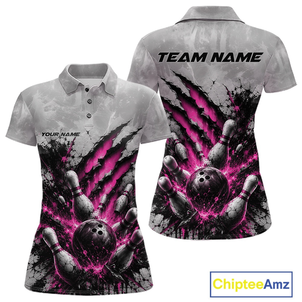 Front and back view of a women's bowling polo shirt mockup featuring a dramatic pink bowling ball and pins graphic with claw-mark artwork on a gray shirt.