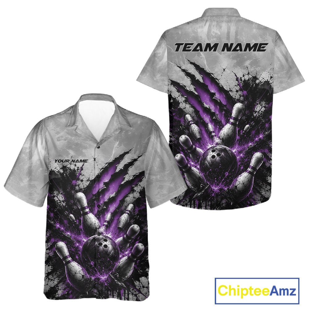 Front and back view of a button-up bowling shirt mockup featuring a dramatic purple bowling ball and pins graphic with claw-mark artwork on a gray shirt.