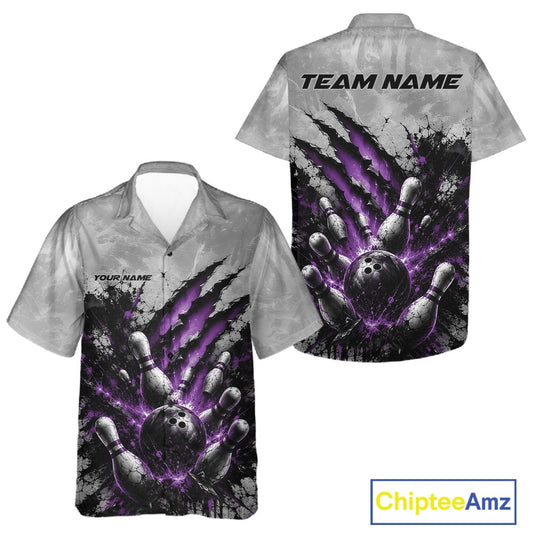 Front and back view of a button-up bowling shirt mockup featuring a dramatic purple bowling ball and pins graphic with claw-mark artwork on a gray shirt.