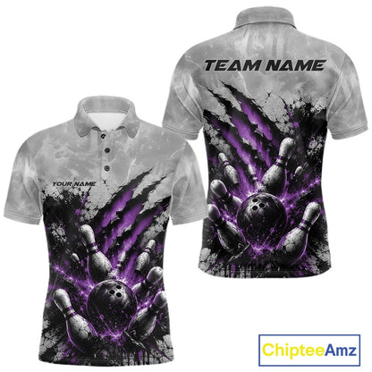 Front and back view of a men's bowling polo shirt mockup featuring a dramatic purple bowling ball and pins graphic with claw-mark artwork on a gray shirt.