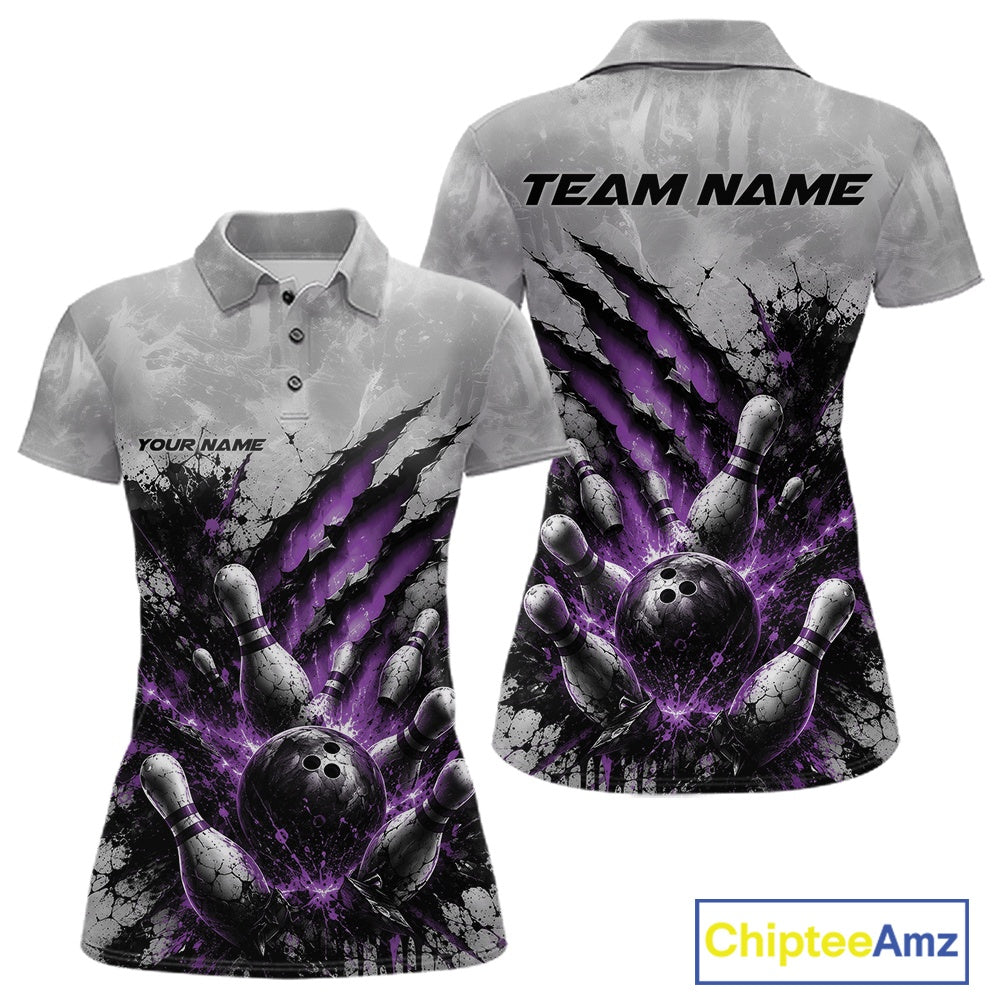 Front and back view of a women's bowling polo shirt mockup showcasing a dramatic purple bowling ball and pins graphic with bold claw-mark artwork on a gray shirt.